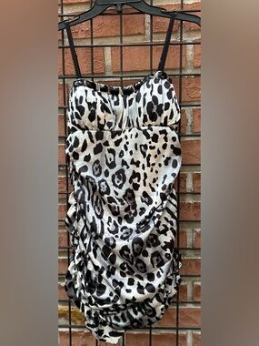 Dots Black and White Leopard Print Ruched Slip Dress